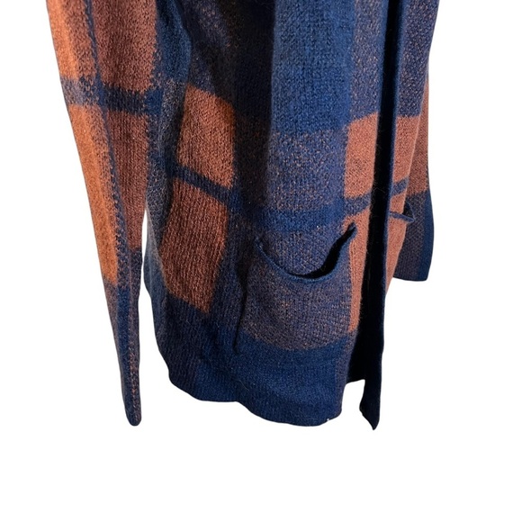 American Eagle Plaid Wool Blend Open Cardigan Sweater Pockets Brown Navy Blue - Picture 6 of 9